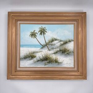 Original Vintage Oil Painting Coastal Dunes with Palm Trees Framed 23x28
